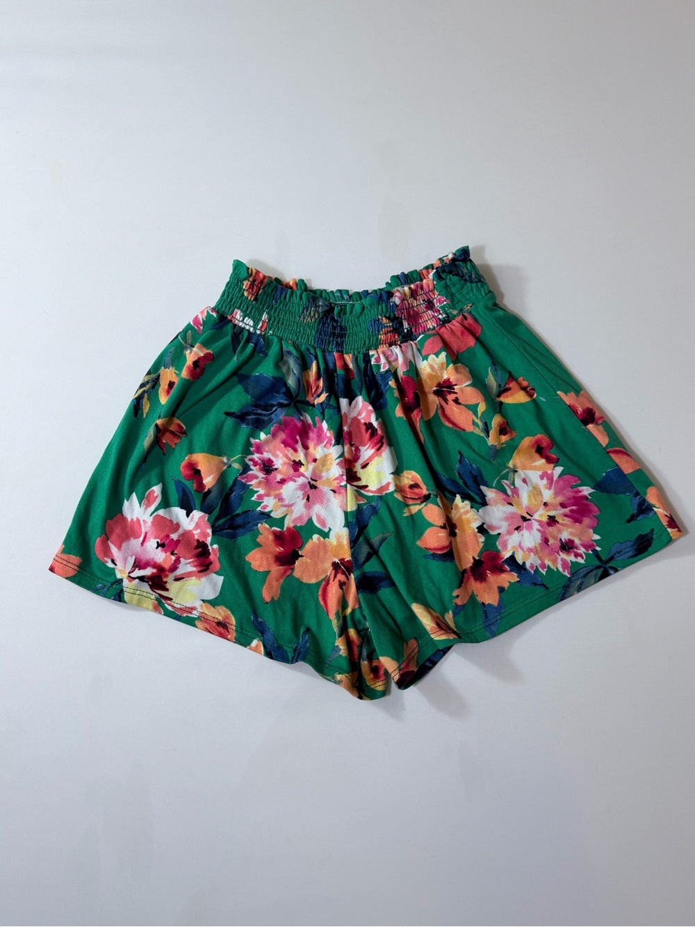 Chenault Girl Floral Shorts Green Orange Pink Elastic High Waist Juniors 0/1